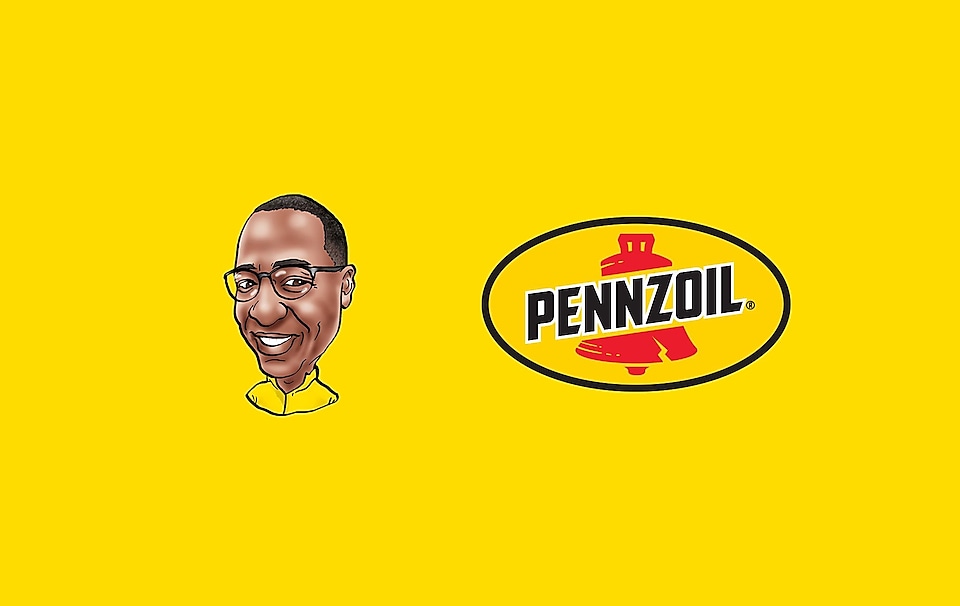 Michael Thomas cartoon image and Pennzoil logo