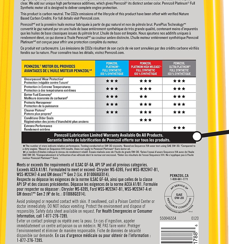 Image of Pennzoil Platinum 0W-20 bottle pointing to PZ Lubrication line