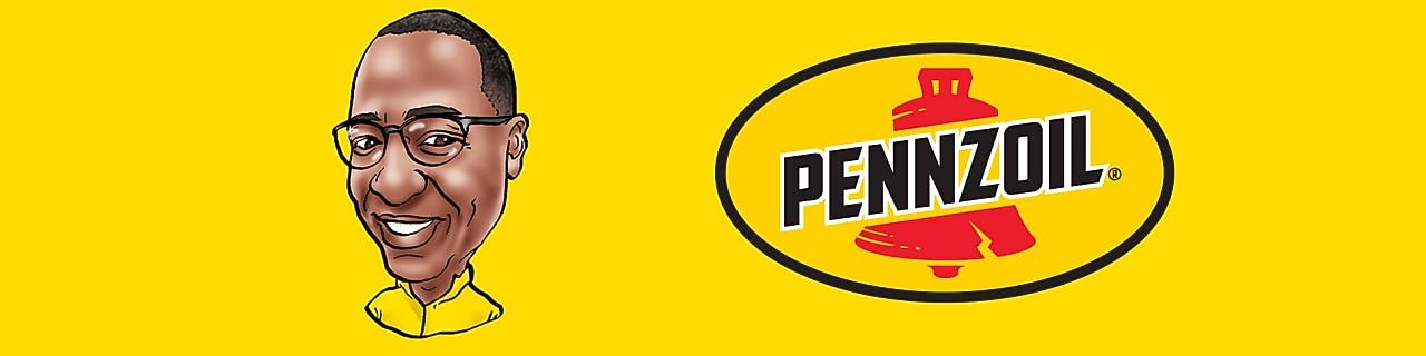 Michael Thomas cartoon image and Pennzoil logo