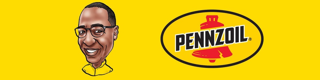 Michael Thomas cartoon image and Pennzoil logo