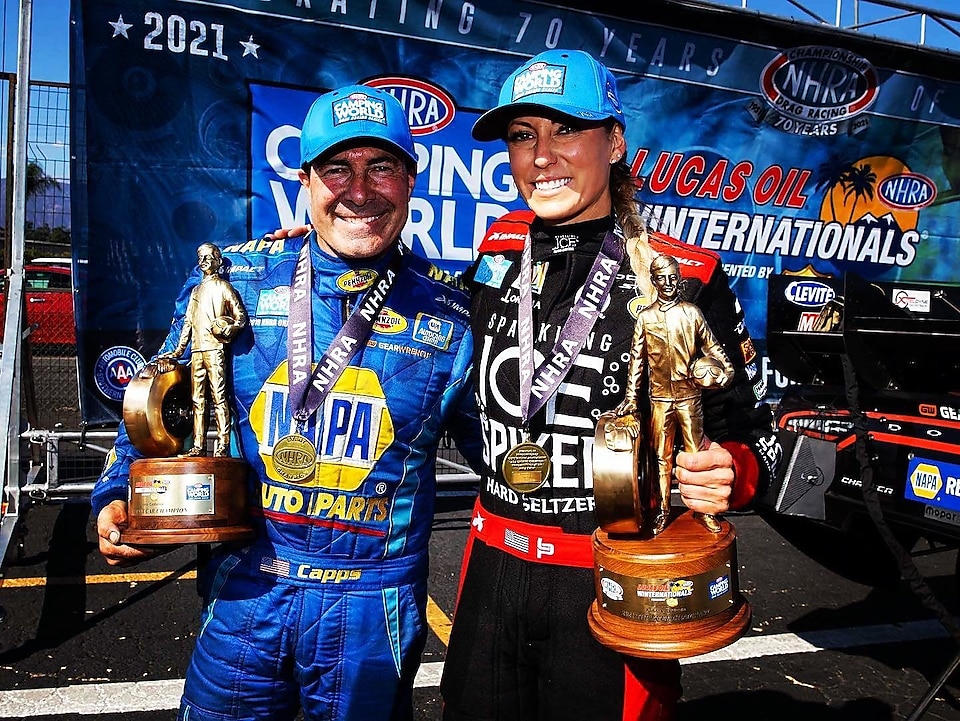 Funny Car driver, Ron Capps and Top Fuel driver, Leah Pruett