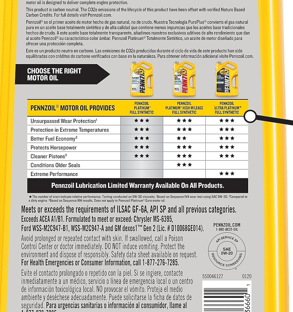 Image of Pennzoil Platinum 0W-20 bottle pointing to the chart in the middle of the bottle