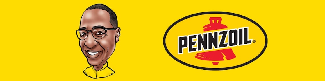 Michael Thomas cartoon image and Pennzoil logo