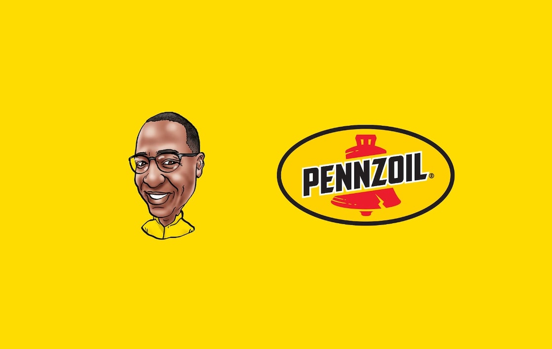 Michael Thomas cartoon image and Pennzoil logo