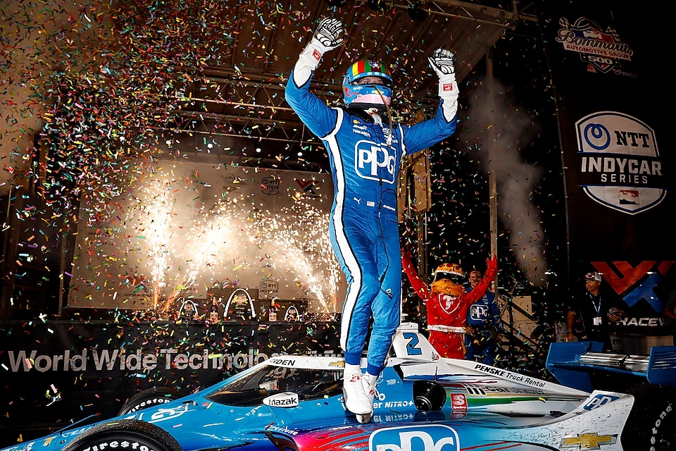 Josef Newgarden celebrating his 25th INDYCAR win at the 2022 Bommarito Automotive Group 500