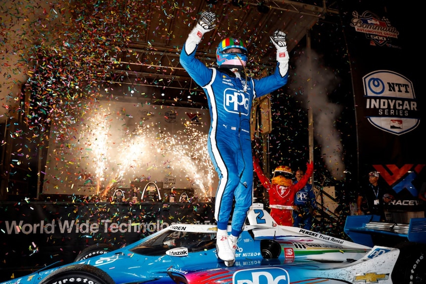Josef Newgarden celebrating his 25th INDYCAR win at the 2022 Bommarito Automotive Group 500
