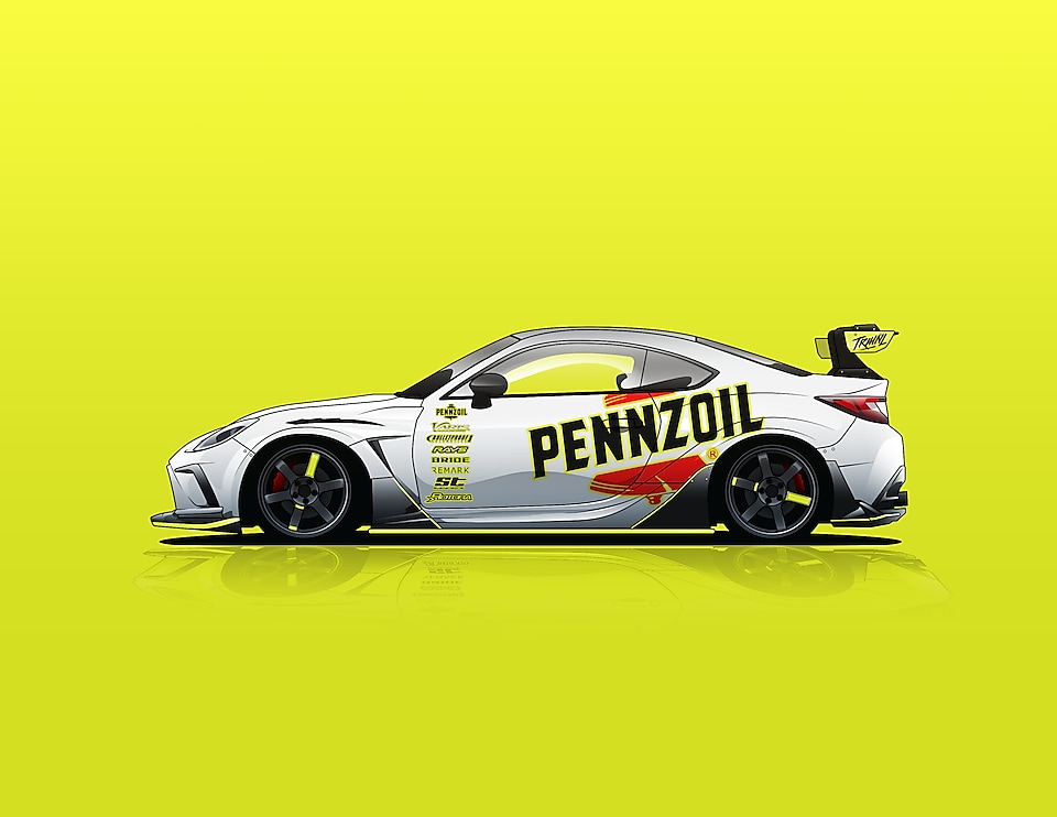 A white race car with a yellow background