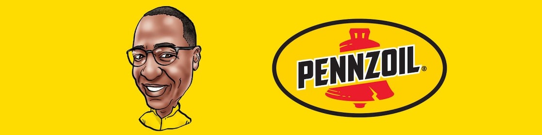 Image de dessin animé de Michael Thomas et logo Pennzoil