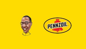 Image de dessin animé de Michael Thomas et logo Pennzoil