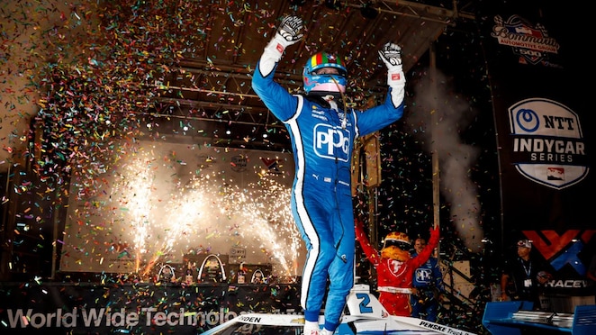 Josef Newgarden celebrating his 25th INDYCAR win at the 2022 Bommarito Automotive Group 500